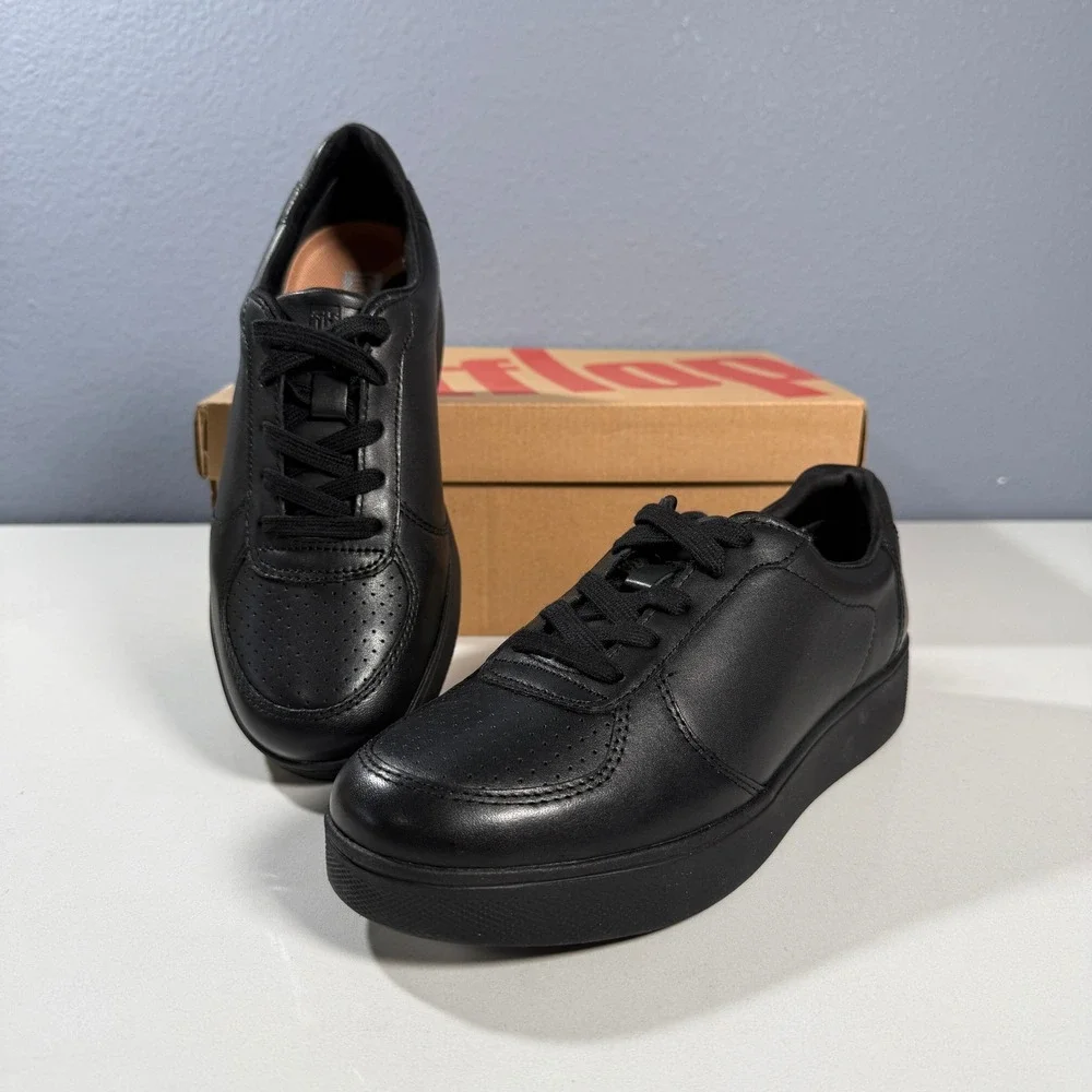 FitFlop Womens Black Leather Lace‎ Up Sneakers Comfort Shoes 5